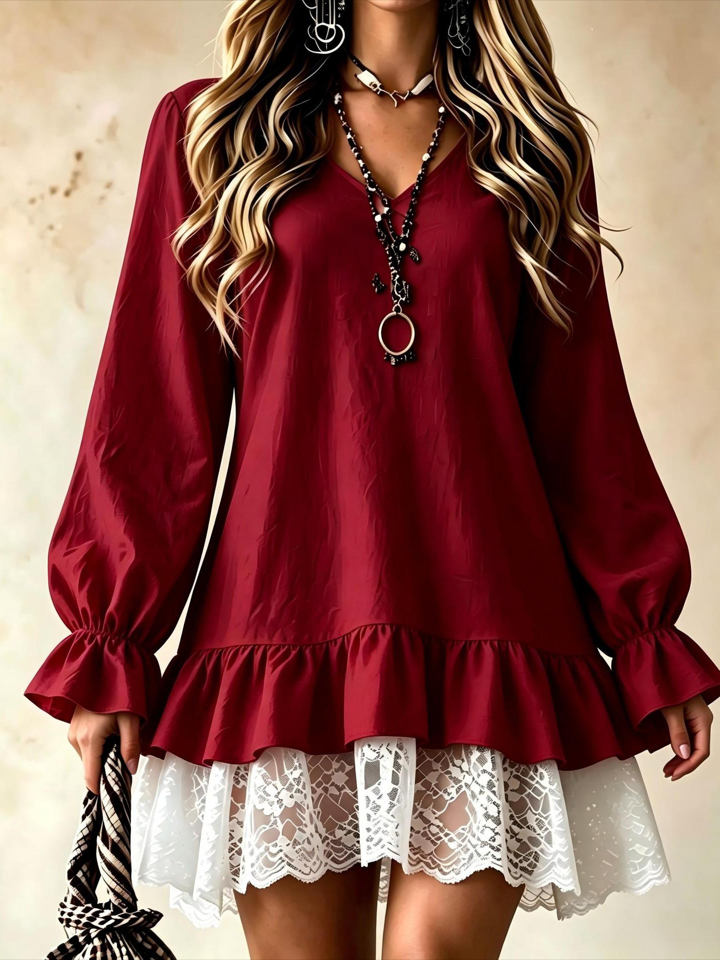 2026 New Autumn And Winter Versatile Lace Spliced Dress For European And American Cross Border, Fashion Long-sleeve Dress With Ruffle Hem, Mini Skirt