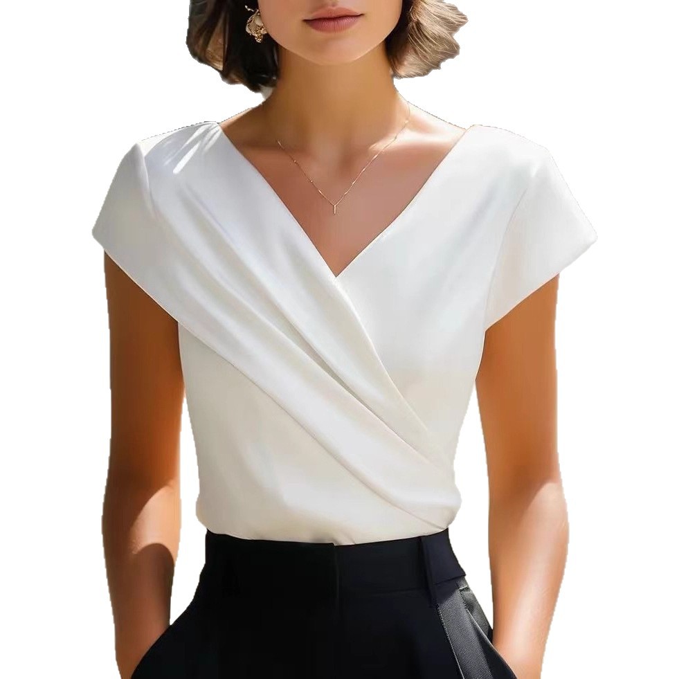 New Women's T-shirt 2026 - European Style, Elegant, Pure Color, V-neck, Short Sleeves, Form-fitting, Summer Women's Top — image 10 of 13