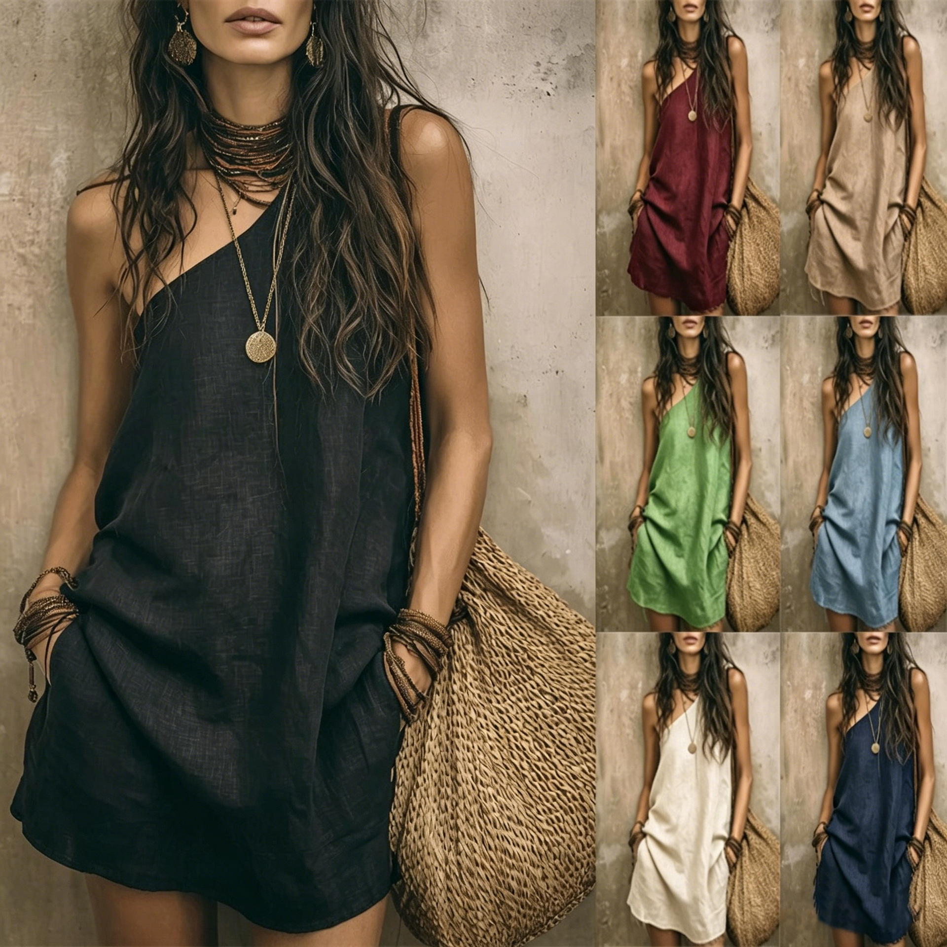 New European And American Style Single-Shoulder Cotton And Linen Dress For Women, Sleeveless Loose Pocket Short Vacation Dress, Cross-Border Women's Fashion