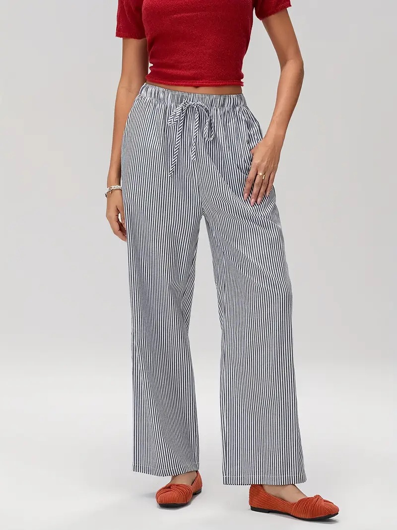 Casual Fashion Striped Straight-leg Pants Elastic High-waisted