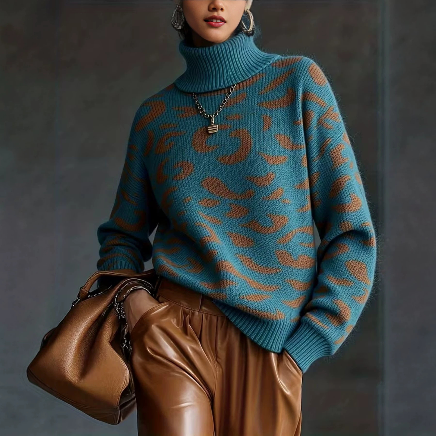 2026 New Women Leopard Print Knitted Sweater, Fall Winter Oversized Loose Turtleneck Pullover, Casual Warm Knit Top