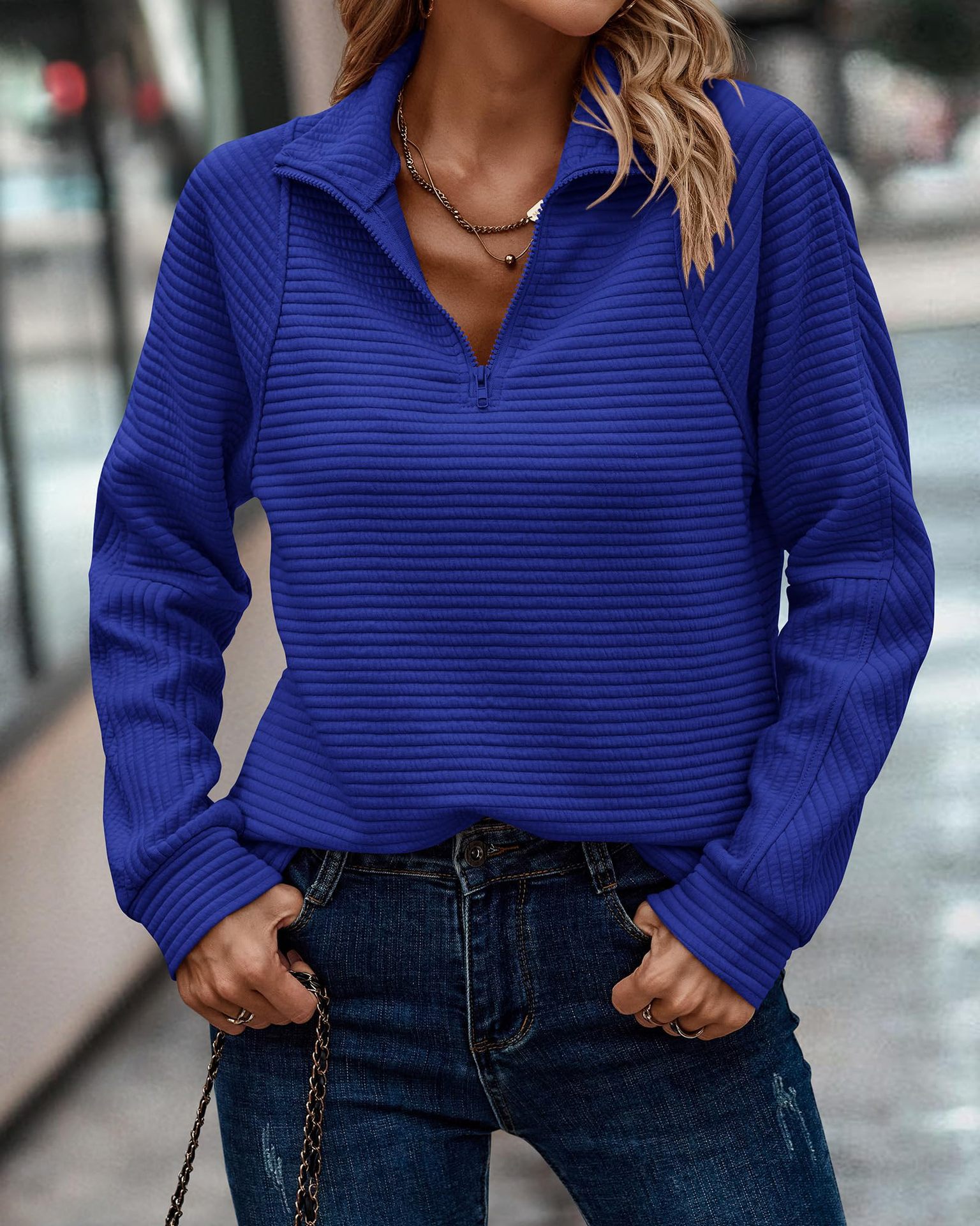 Autumn And Winter New Cross-Border European And American Amazon Comfortable Loose Snake Bone Pattern Solid Color Stand Collar Zipper Sweatshirt — image 5 of 15