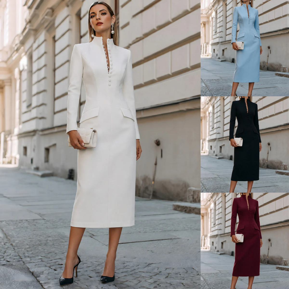 Rochie midi cu mânecă lungă și guler înalt