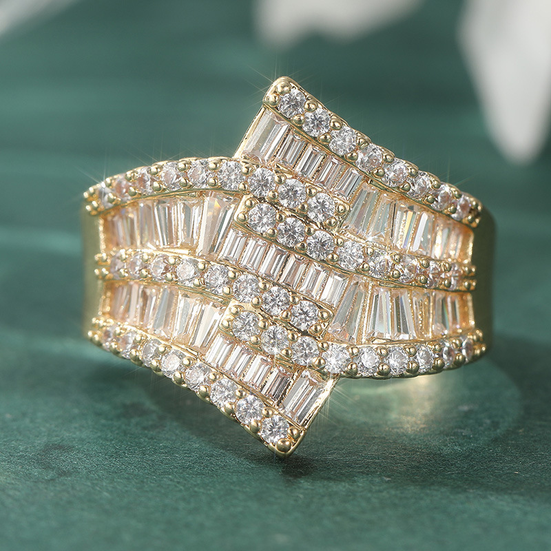 Luxury Baguette Crystal Crossover Ring Gold Tone