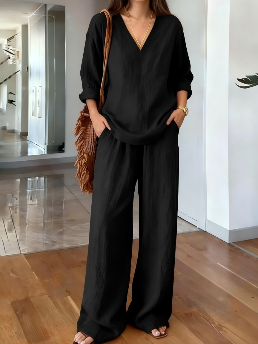 In Stock 2026 New Foreign Trade Cross-Border Women's Clothing Casual V-Neck Pullover Long-Sleeve Extended Pants Washed Cotton Multi-Color Women's Wear