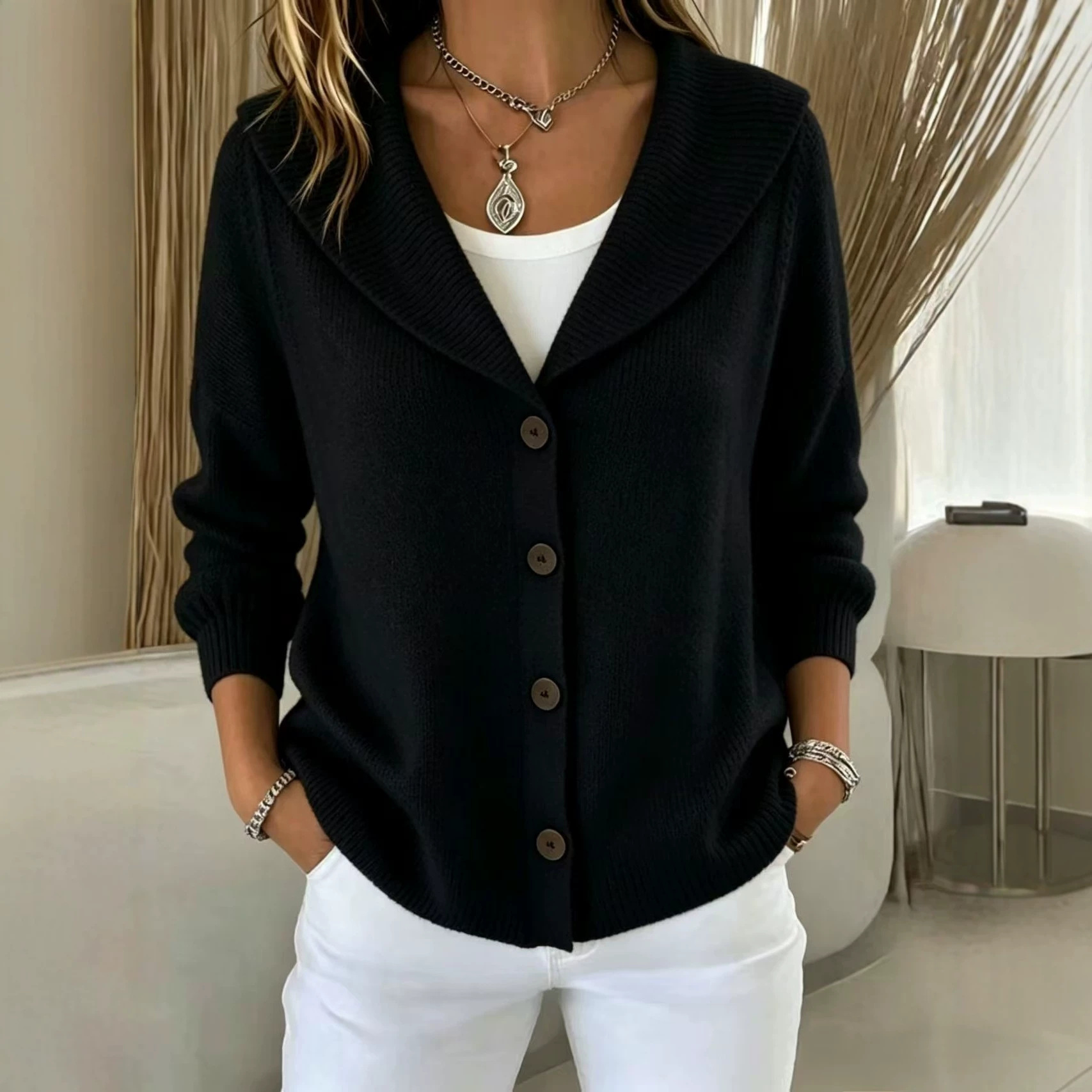New Solid Color Knitted Button Lapel Sweater
