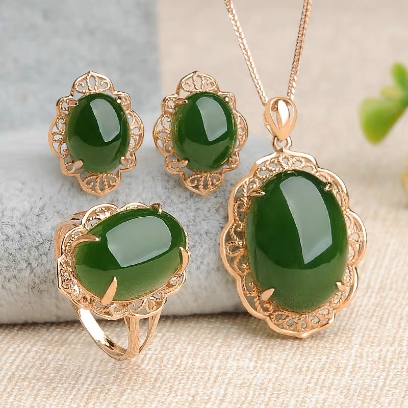 Malay Jade Hetian Jade Jewelry Set Wholesale Three-piece Set Inlaid Luxury Ring Pendant Necklace Green Chalcedony Jade