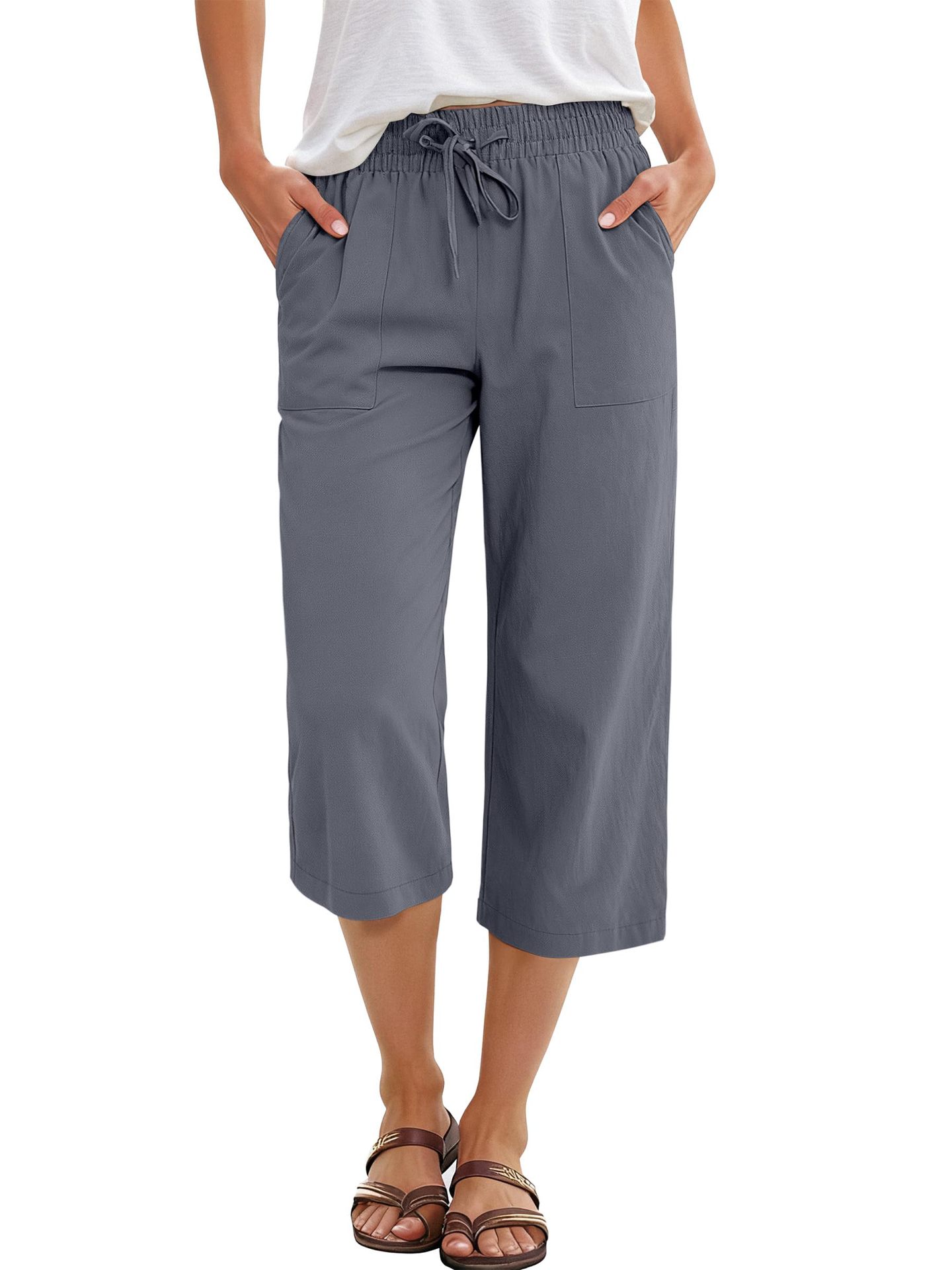Wish Spring And Autumn European And American Women's Fashion Solid Color Cotton Linen Loose Drawstring Wide-Leg Casual Pants For Women — image 11 of 16