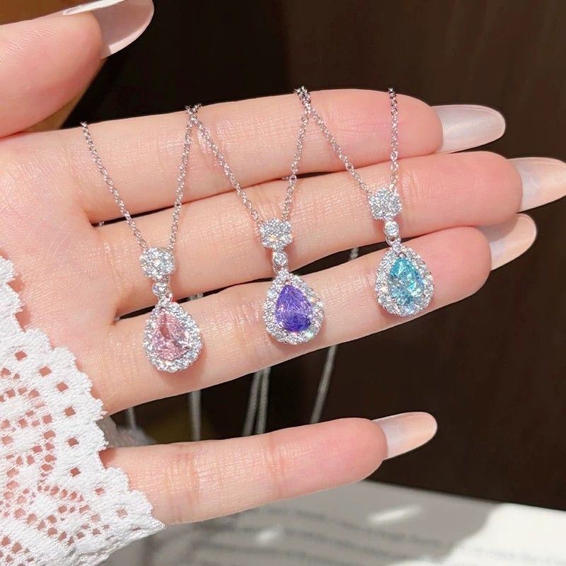 Silver Plated Trendy Rose Blue Teardrop Necklace For Women Niche Sweet Purple Zircon Pendant Choker With A High End Feel Gift For Girlfriend