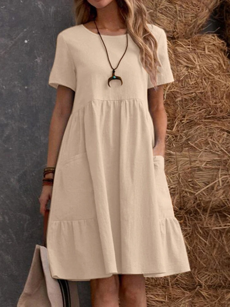 Remnant Women's Round-Neck Pocket Dress — Apricot