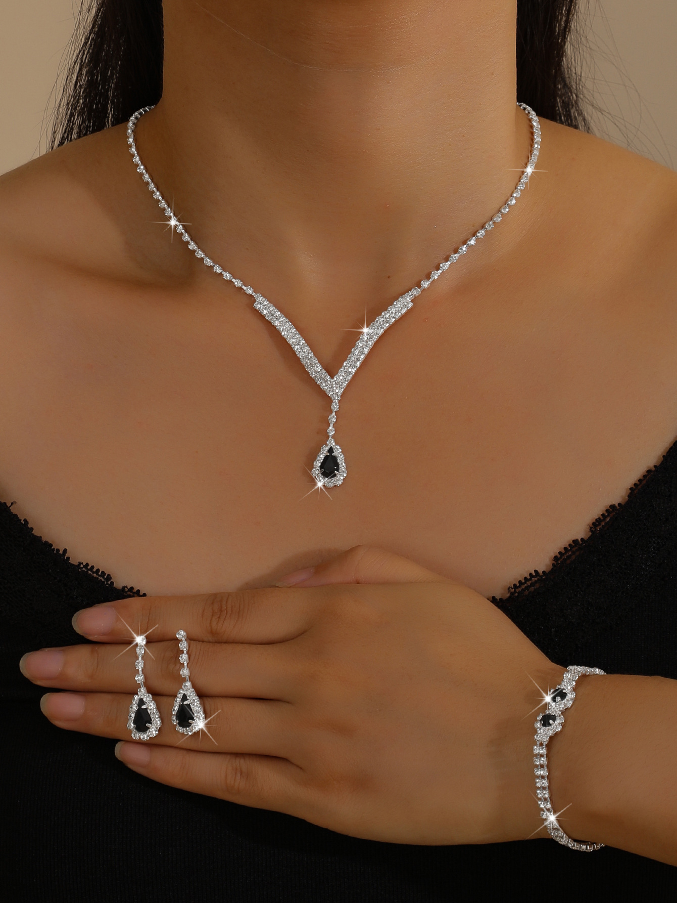 Rhinestone Necklace Earrings Bracelet Set, picture 5 of 5