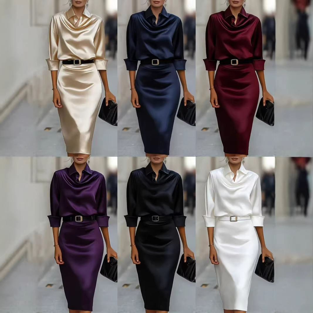 Model nou pe site-uri independente Wish and Amazon Summer Waist Cinching Slimming Satin High End Long Sleeve Dress For WomenNo Belt Included