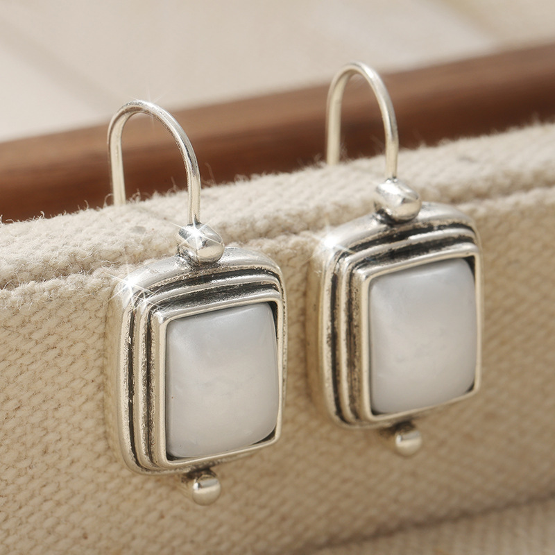 Vintage Colorful Square Stone Drop Earrings Silver