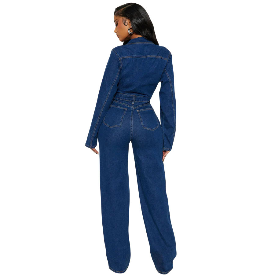 3587 Trade European And American Cross-Border Amazon Slim Stretch Flared Washed Long-Sleeve Denim Jumpsuit