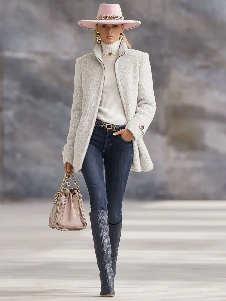 European And American Cross-border Women's New Autumn And Winter Stand-up Collar Fleece Jacket, Slim-fit, Solid Color, Fashionable And Warm Coat For Women product image