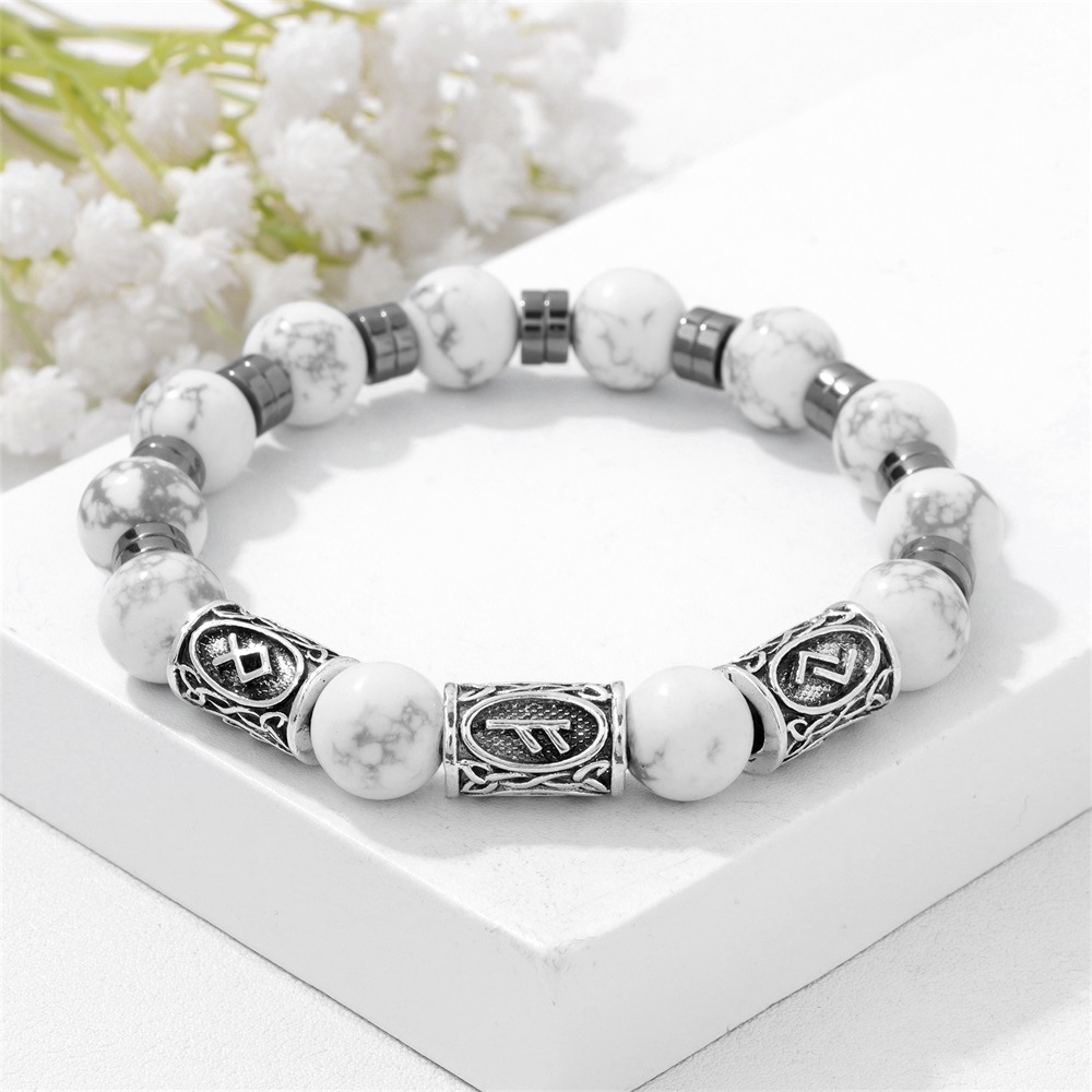 Ozon 10mm White Turquoise Mens Bracelet 8-13mm Viking Rune Beads Vintage Elastic Beaded Fashion Bangle product image